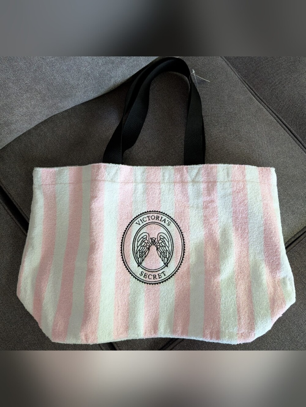 Victoria's Secret Pink and White Striped Tote with Black Handles